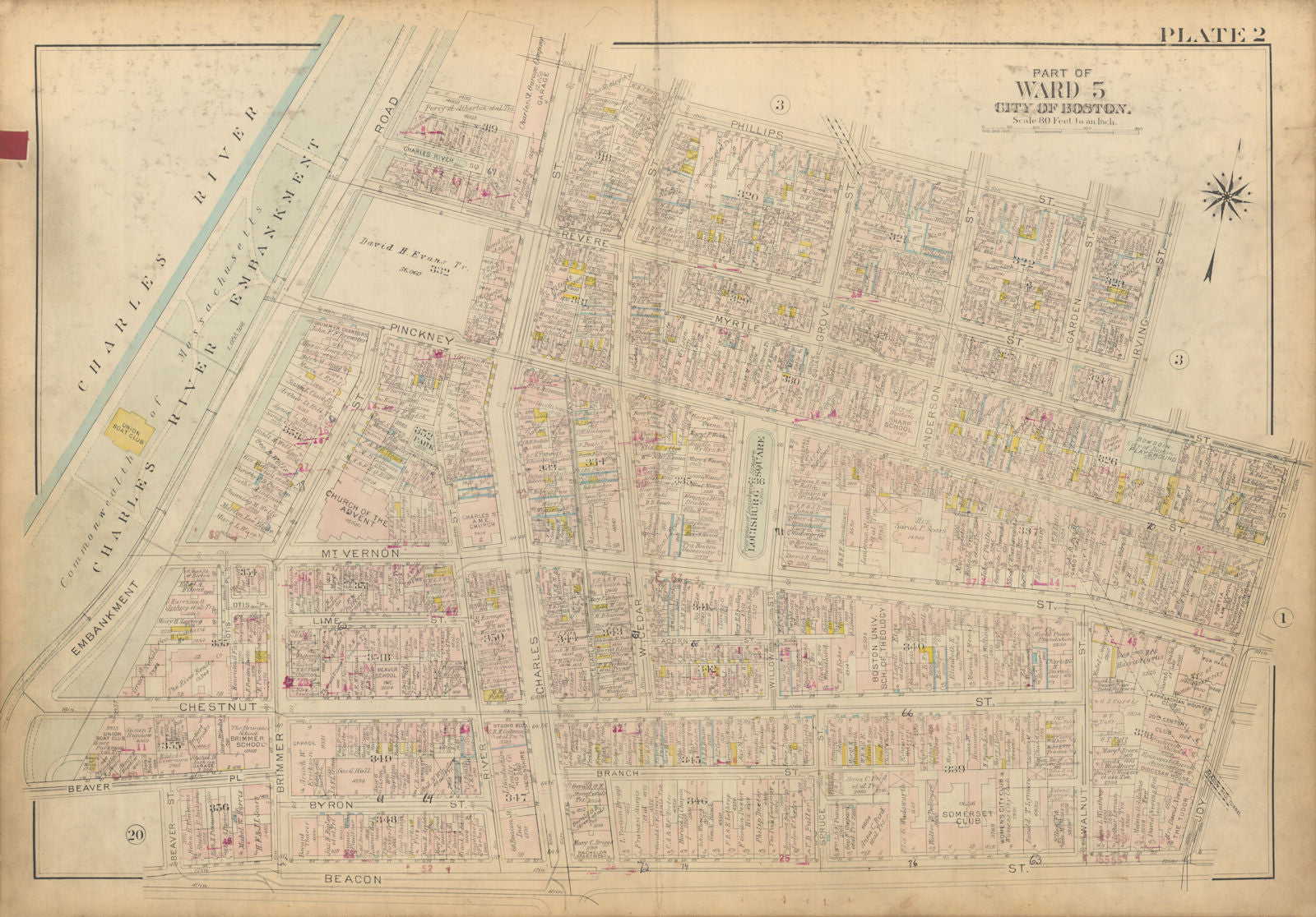 Boston #2 Beacon Hill. Charles River Esplanades. Louisburg Sq. BROMLEY 1928 map